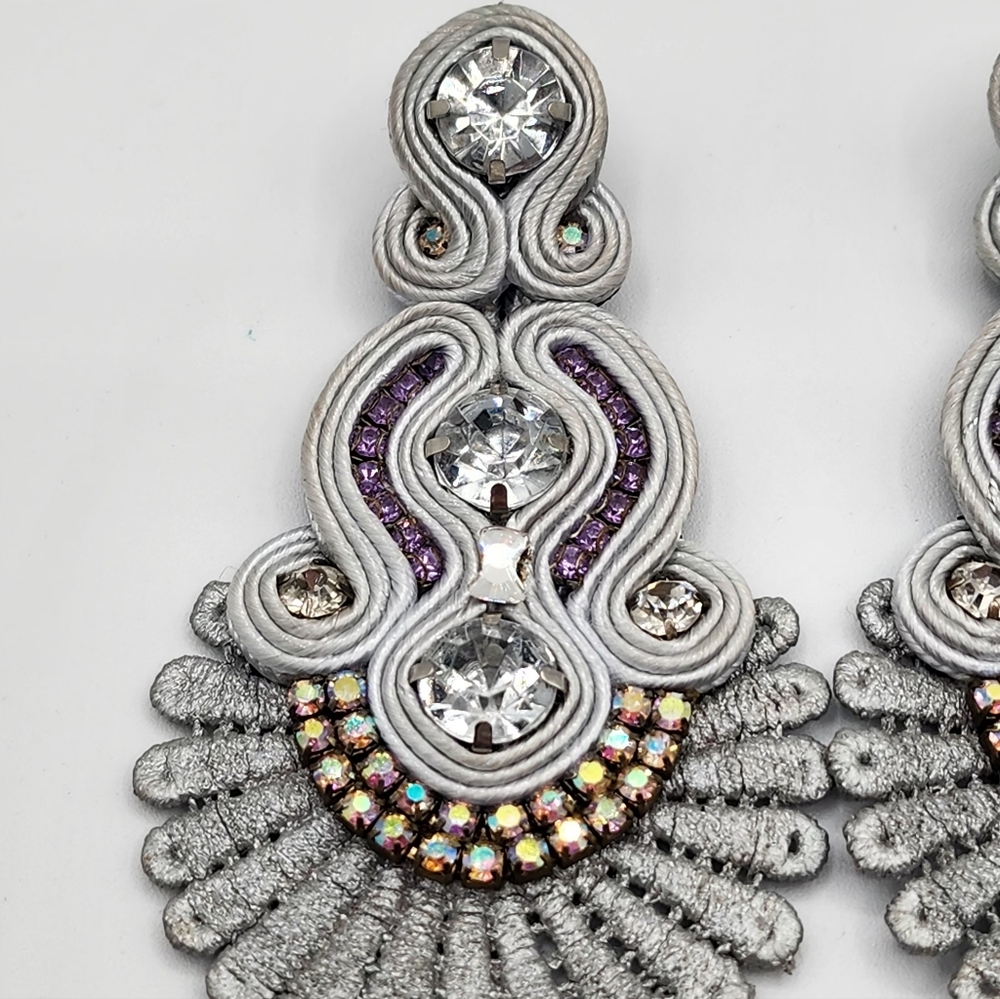 Silver Lace With Purple And AB Rhinestone Statement Earrings - Picture 4 of 11